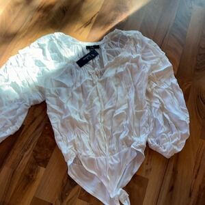 Lulus Womens White Balloon Sleeve Bodysuit Tie‎ V-Neck Romantic Blouse S peasant